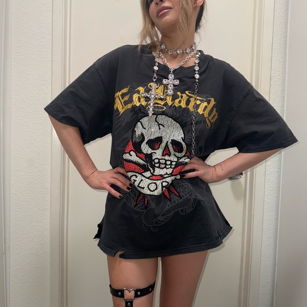 Ed Hardy Dark Gray Graphic Skull Oversized Unisex Tee